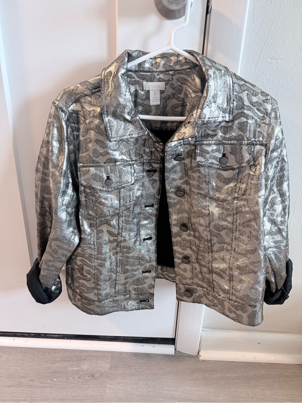 Chico Metallic Silver Animal Print Denim Jacket, size 1 (size medium)